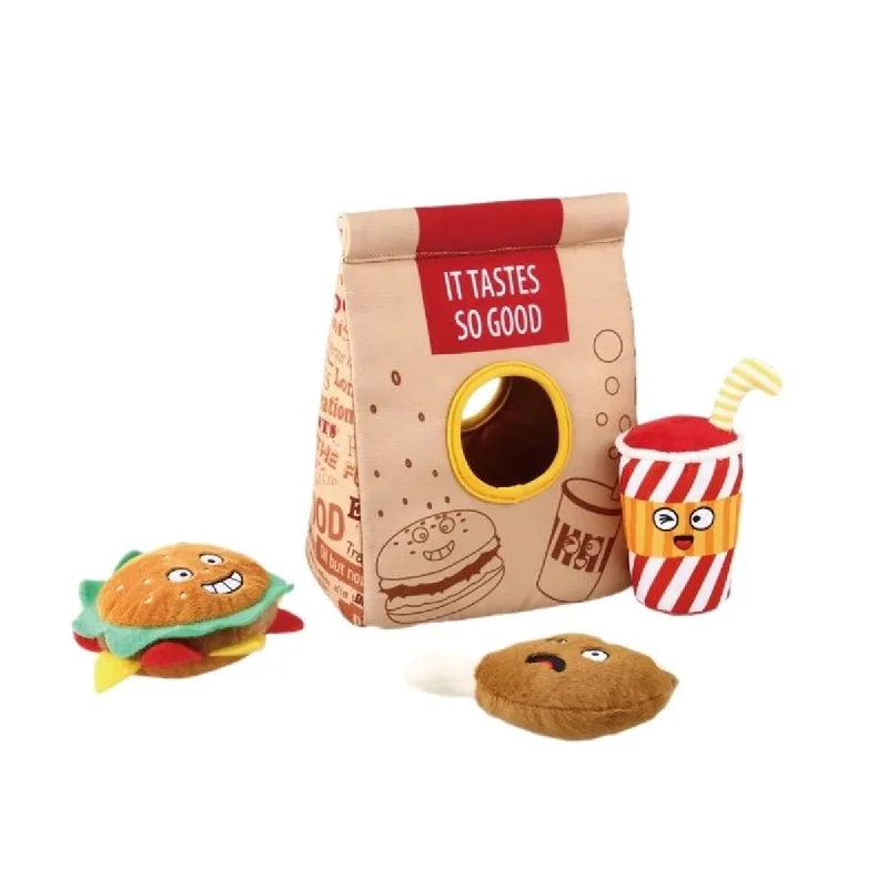 GiGwi Hide & Seek Fast Food Bag with plush Hamburg, Coke & Fried Chicken inside