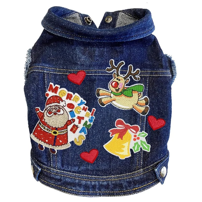 Custom Christmas Denim Dog Jacket Happy Santa