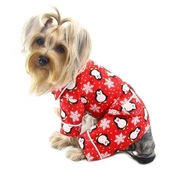 Penguins And Snowflakes Flannel Dog Pajamas Red XSmall